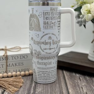 Respiratory Therapist Engraved Tumbler | Handle and Straw | Cup Holder Friendly Travel Mug | Vacuum Insulated Water Bottle | RT Healthcare