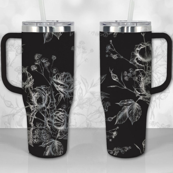 30oz or 40oz Tumbler with Handle Wild Roses and Flowers Line Art Pattern Best Gifts NVA