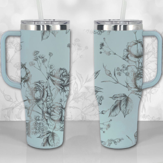 30oz or 40oz Tumbler with Handle Wild Roses and Flowers Line Art Pattern Best Gifts NVA