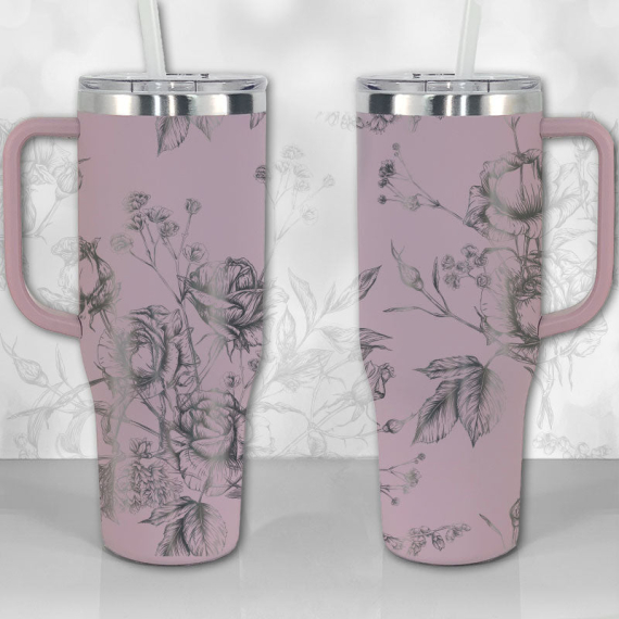 30oz or 40oz Tumbler with Handle Wild Roses and Flowers Line Art Pattern Best Gifts NVA