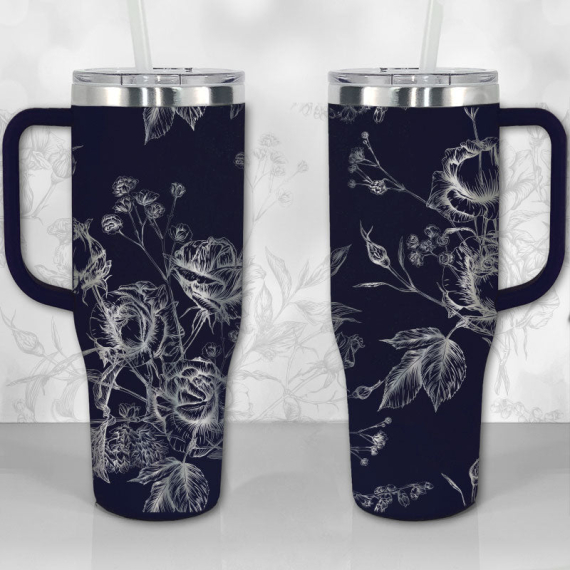 30oz or 40oz Tumbler with Handle Wild Roses and Flowers Line Art Pattern Best Gifts NVA