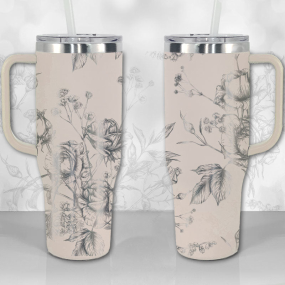 30oz or 40oz Tumbler with Handle Wild Roses and Flowers Line Art Pattern Best Gifts NVA