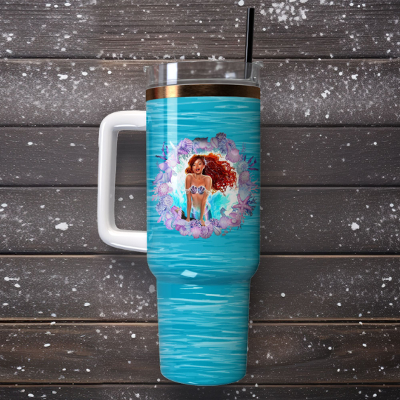 Ariel Little Mermaid Disney Cartoon Custom  Quencher 30oz or 40oz Stainless Steel Tumbler With Handle,  Best gifts for Friend Family NVA