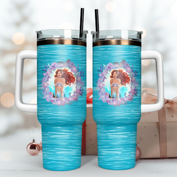 Ariel Little Mermaid Disney Cartoon Custom  Quencher 30oz or 40oz Stainless Steel Tumbler With Handle,  Best gifts for Friend Family NVA