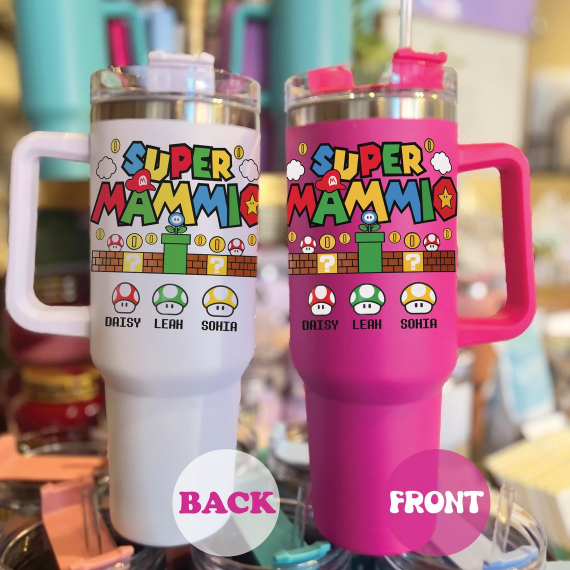 Custom Super Mommio Tumbler HG 40oz, Personalization Super Daddio Kiddo Matching Cup, Mother's Day Mom Tumbler HG with Kids Name